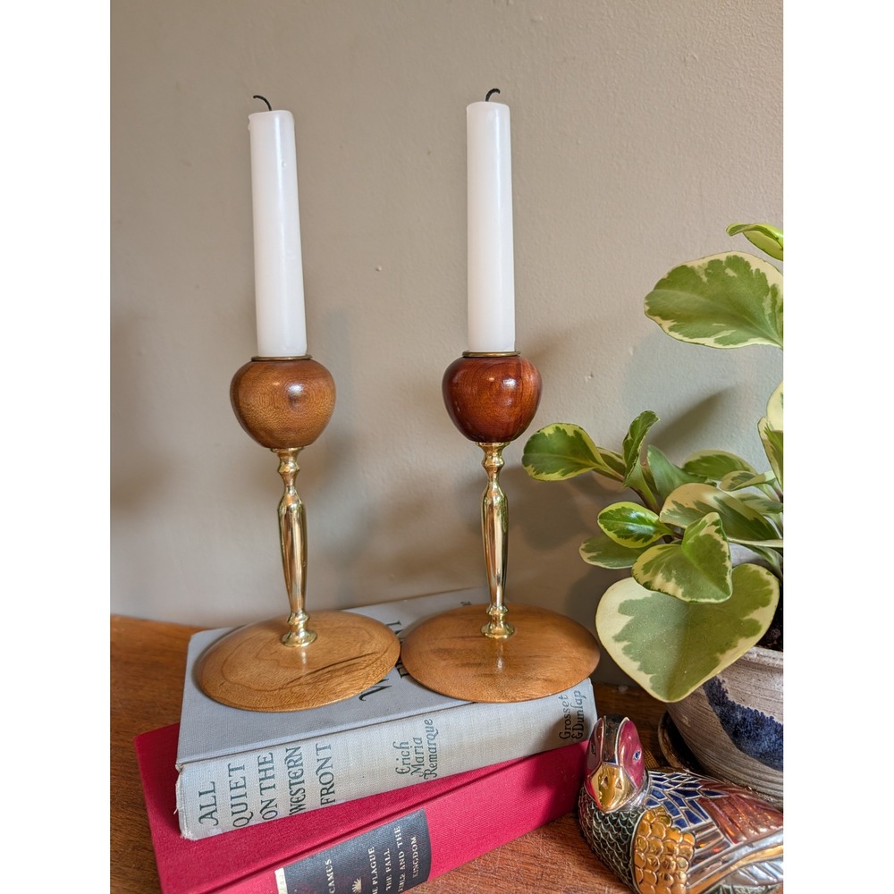 Vintage Mid Century Modern Myrtlewood Candlestick Holders Pair Oregon Wood Gold